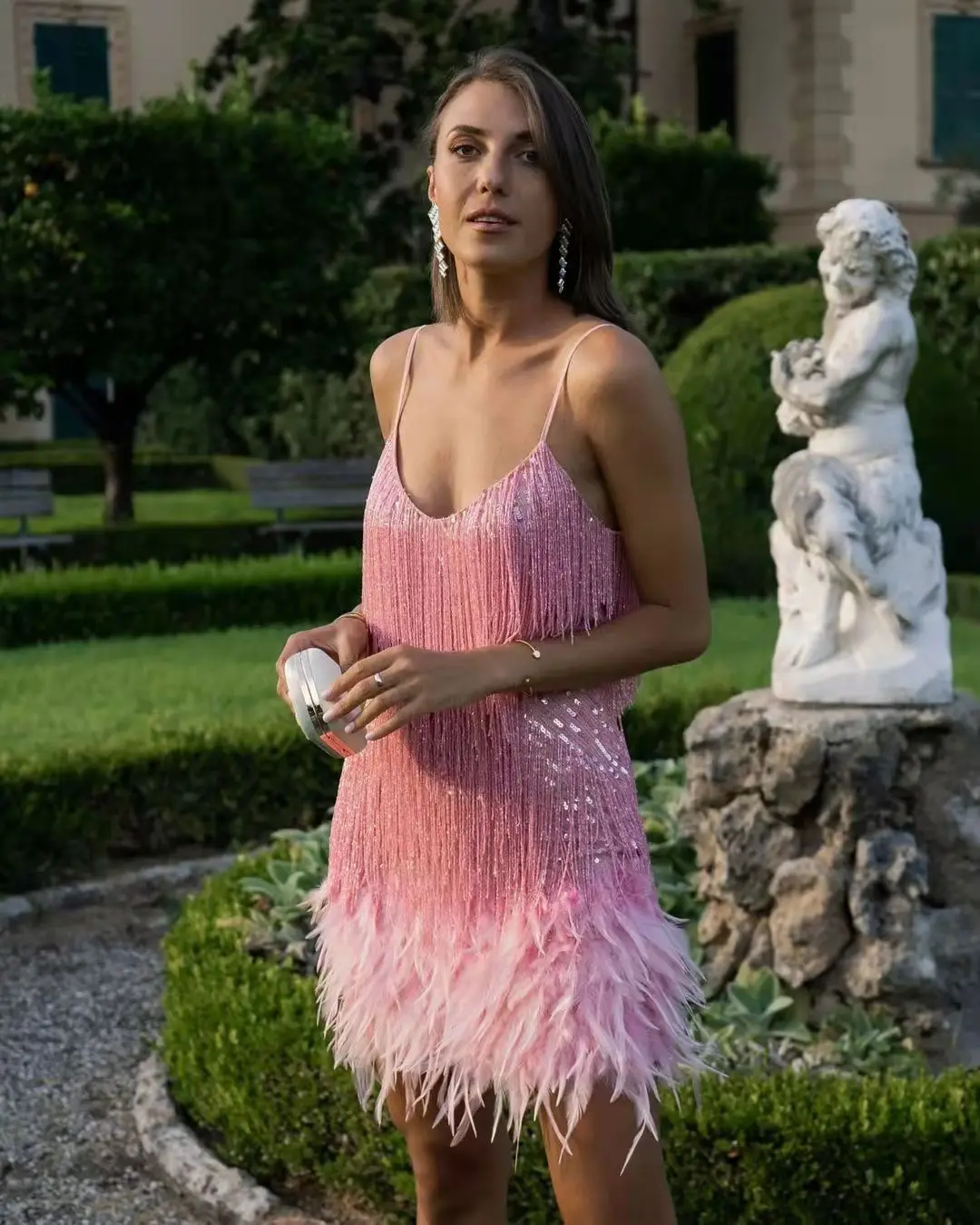 Taruxy Tassel Sequins Dress Women Elegant Feather Spaghetti Straps Mini Dresses Summer Sexy Party Club Evening Dresses Vestidos