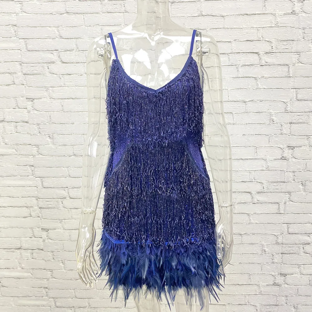 Taruxy Tassel Sequins Dress Women Elegant Feather Spaghetti Straps Mini Dresses Summer Sexy Party Club Evening Dresses Vestidos