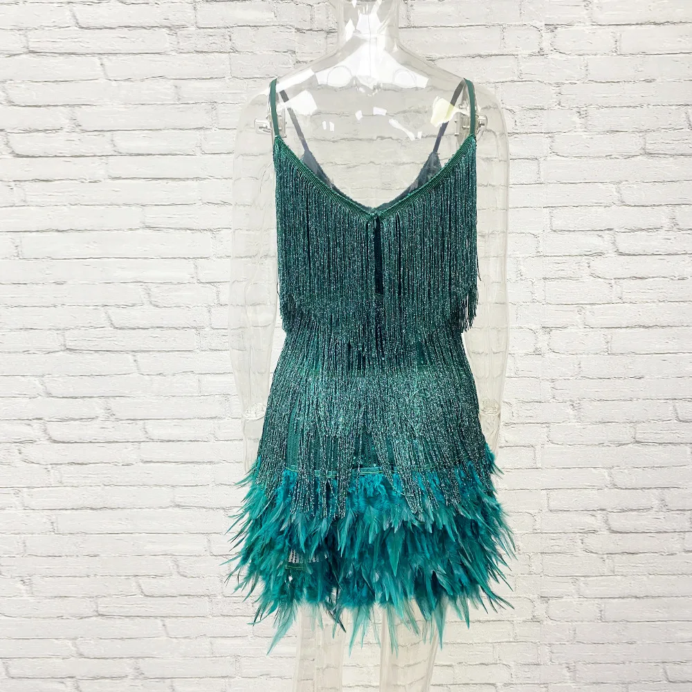 Taruxy Tassel Sequins Dress Women Elegant Feather Spaghetti Straps Mini Dresses Summer Sexy Party Club Evening Dresses Vestidos