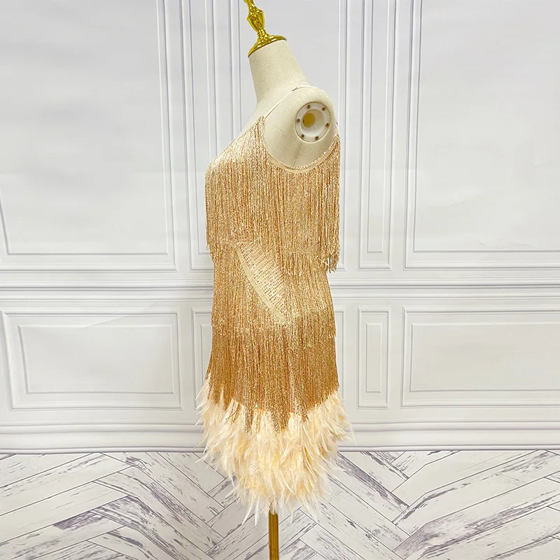Taruxy Tassel Sequins Dress Women Elegant Feather Spaghetti Straps Mini Dresses Summer Sexy Party Club Evening Dresses Vestidos