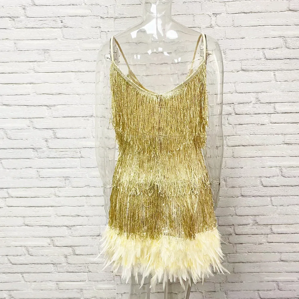 Taruxy Tassel Sequins Dress Women Elegant Feather Spaghetti Straps Mini Dresses Summer Sexy Party Club Evening Dresses Vestidos
