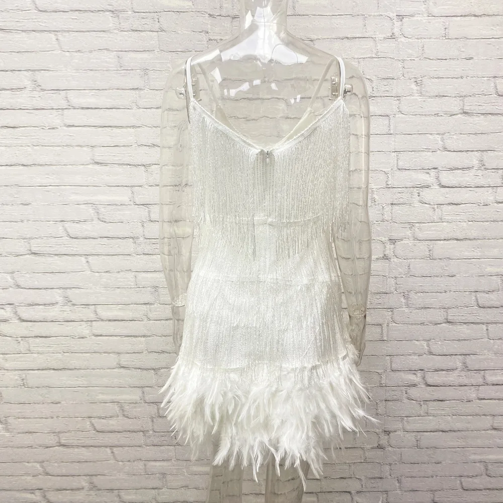 Taruxy Tassel Sequins Dress Women Elegant Feather Spaghetti Straps Mini Dresses Summer Sexy Party Club Evening Dresses Vestidos