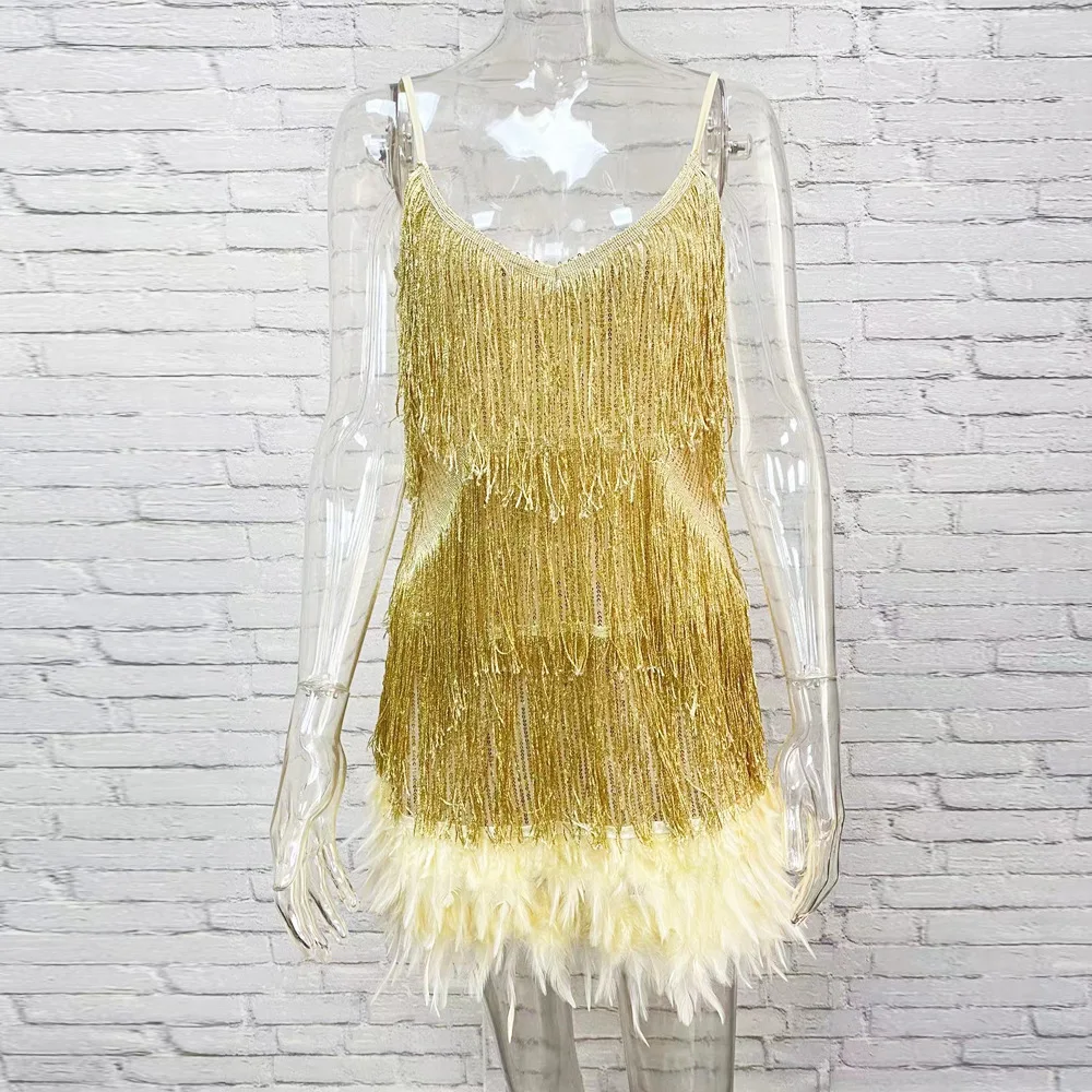 Taruxy Tassel Sequins Dress Women Elegant Feather Spaghetti Straps Mini Dresses Summer Sexy Party Club Evening Dresses Vestidos