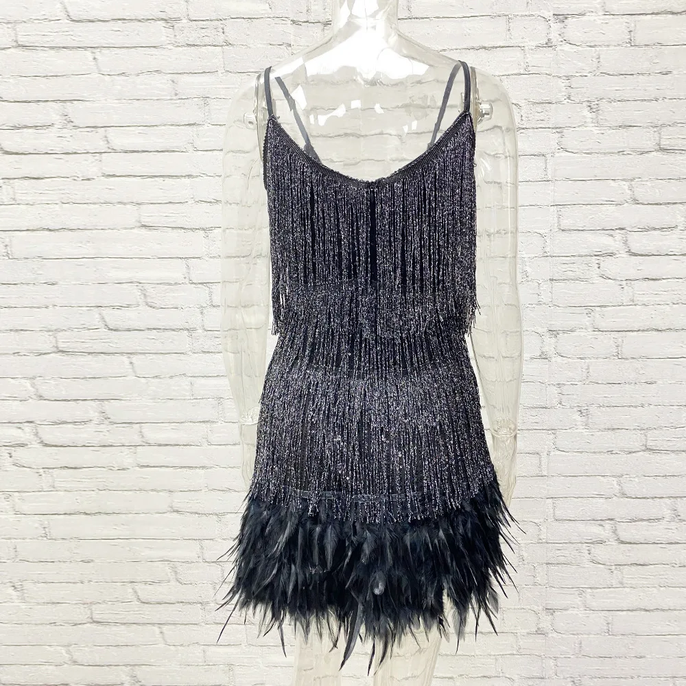 Taruxy Tassel Sequins Dress Women Elegant Feather Spaghetti Straps Mini Dresses Summer Sexy Party Club Evening Dresses Vestidos