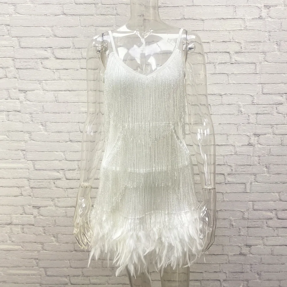 Taruxy Tassel Sequins Dress Women Elegant Feather Spaghetti Straps Mini Dresses Summer Sexy Party Club Evening Dresses Vestidos