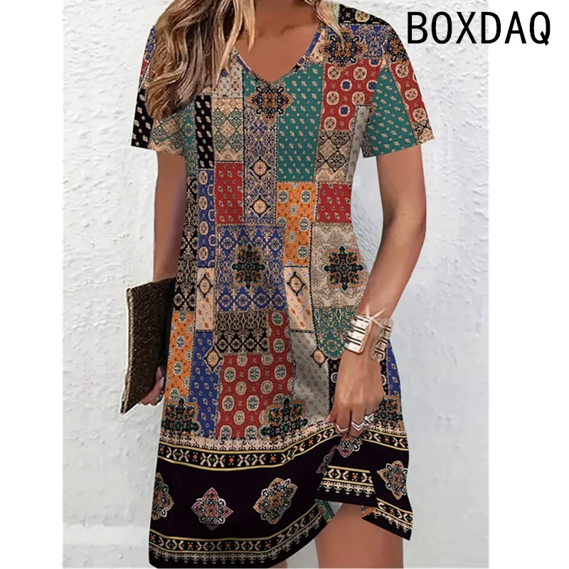 Women Dress Summer Short Sleeve O-Neck Casual Loose A-Line Dress Big Size 3XL Female 3D Striped Printing Elegant Vintage Dresses