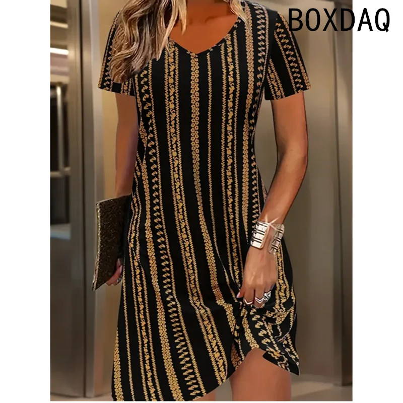 Women Dress Summer Short Sleeve O-Neck Casual Loose A-Line Dress Big Size 3XL Female 3D Striped Printing Elegant Vintage Dresses