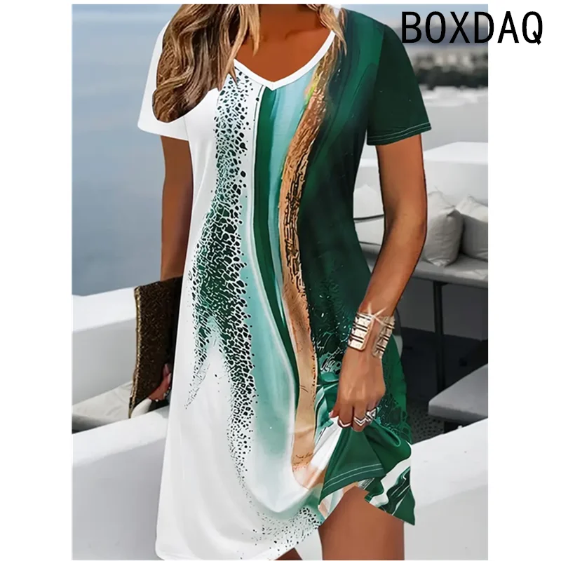 Women Dress Summer Short Sleeve O-Neck Casual Loose A-Line Dress Big Size 3XL Female 3D Striped Printing Elegant Vintage Dresses