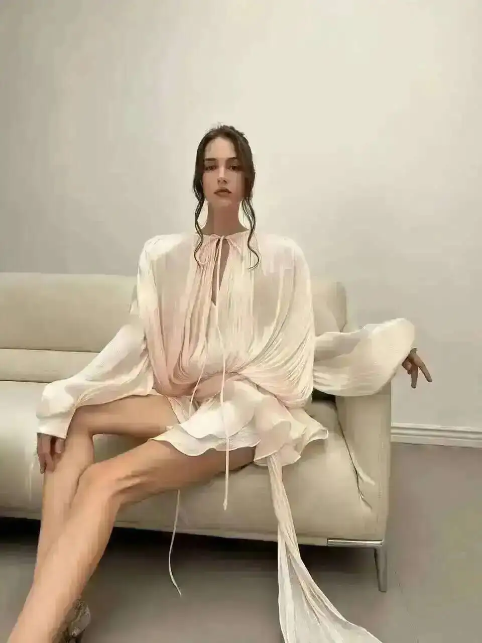LGRQ 2026 New Summer Fashion Women Clothes Round Neck Lantern Sleeves Satin Short Dress With Shorts Under Two Pieces Set