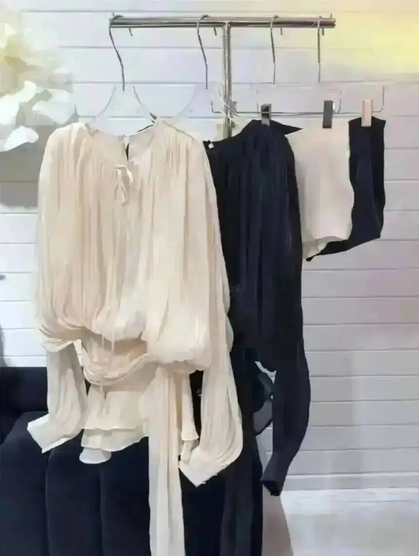 LGRQ 2026 New Summer Fashion Women Clothes Round Neck Lantern Sleeves Satin Short Dress With Shorts Under Two Pieces Set