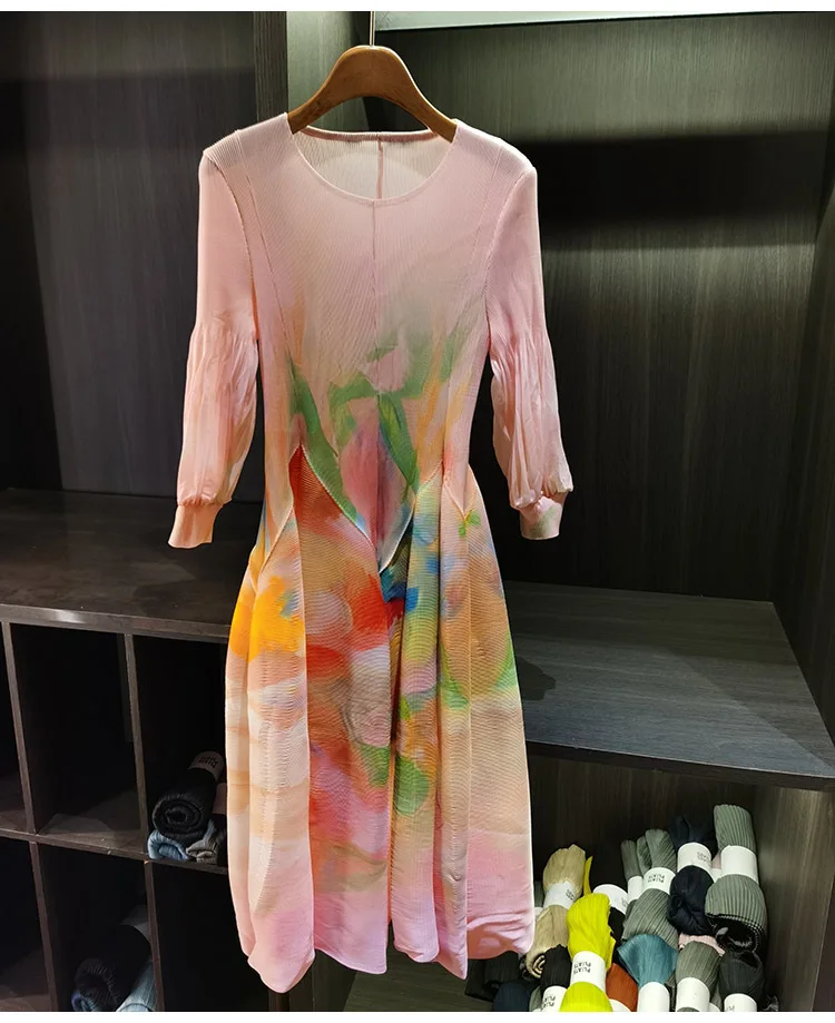 LANMREM Spring New Oil Painting Print Ruched Dress Women's Beach Vacation Platycodon French Long Dress Fairy Style