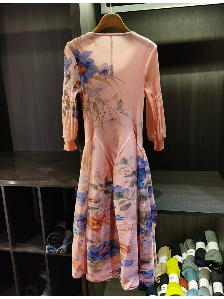LANMREM Spring New Oil Painting Print Ruched Dress Women's Beach Vacation Platycodon French Long Dress Fairy Style