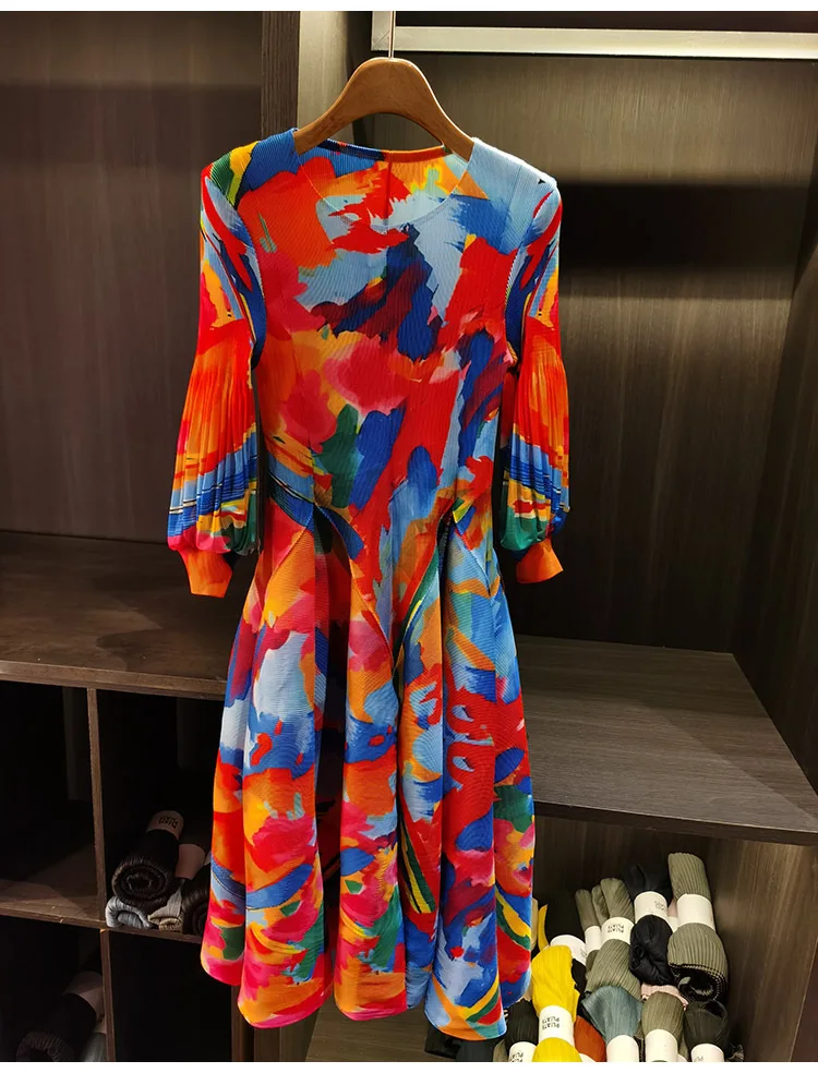 LANMREM Spring New Oil Painting Print Ruched Dress Women's Beach Vacation Platycodon French Long Dress Fairy Style