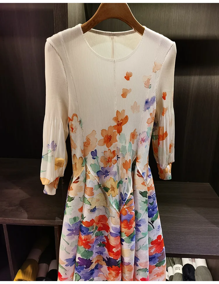 LANMREM Spring New Oil Painting Print Ruched Dress Women's Beach Vacation Platycodon French Long Dress Fairy Style