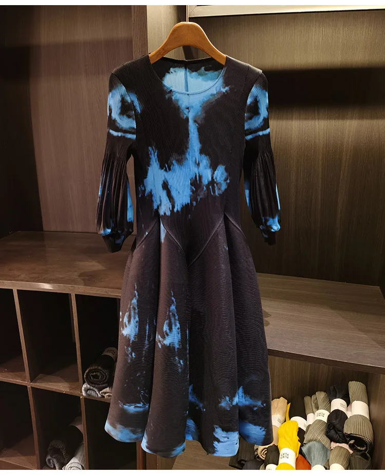 LANMREM Spring New Oil Painting Print Ruched Dress Women's Beach Vacation Platycodon French Long Dress Fairy Style