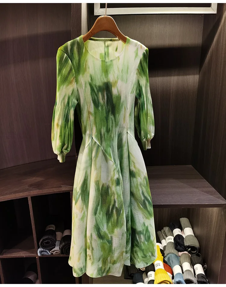 LANMREM Spring New Oil Painting Print Ruched Dress Women's Beach Vacation Platycodon French Long Dress Fairy Style