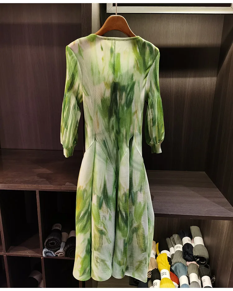 LANMREM Spring New Oil Painting Print Ruched Dress Women's Beach Vacation Platycodon French Long Dress Fairy Style