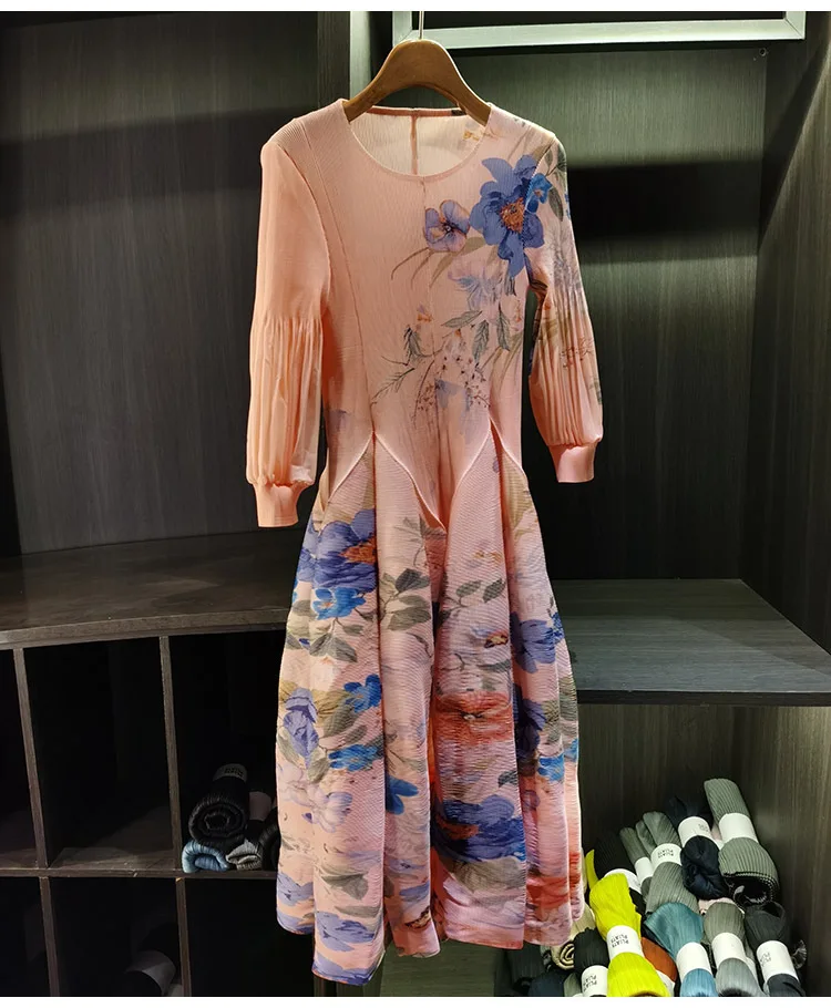 LANMREM Spring New Oil Painting Print Ruched Dress Women's Beach Vacation Platycodon French Long Dress Fairy Style