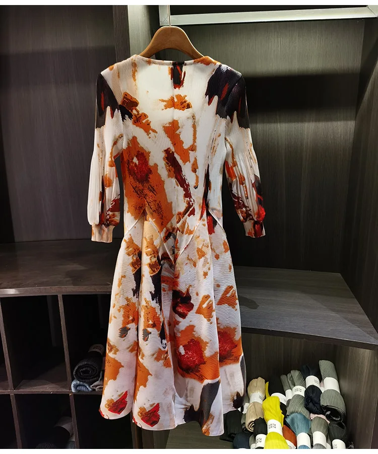 LANMREM Spring New Oil Painting Print Ruched Dress Women's Beach Vacation Platycodon French Long Dress Fairy Style