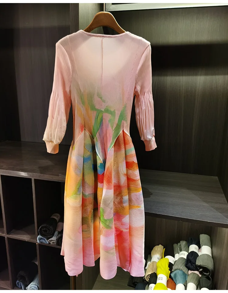 LANMREM Spring New Oil Painting Print Ruched Dress Women's Beach Vacation Platycodon French Long Dress Fairy Style