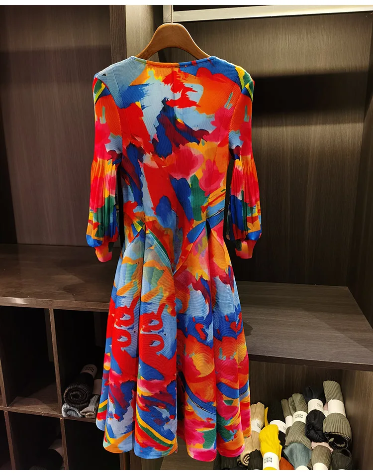 LANMREM Spring New Oil Painting Print Ruched Dress Women's Beach Vacation Platycodon French Long Dress Fairy Style