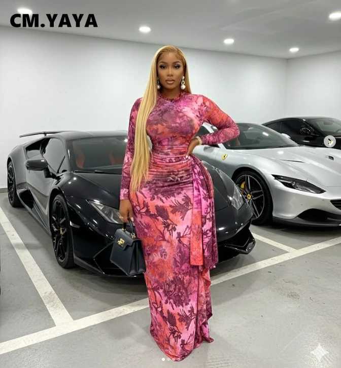 CM.YAYA Women Print O-neck Ruched Ribbon Bodycon Long Dress 2026 Spring Street Evening Birthday Club Party Vestidos Sexy Dresses
