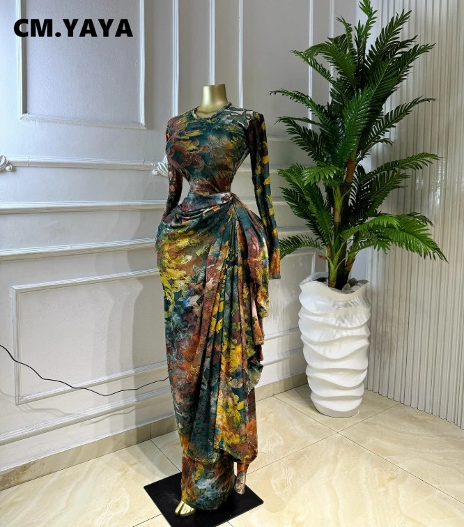 CM.YAYA Women Print O-neck Ruched Ribbon Bodycon Long Dress 2026 Spring Street Evening Birthday Club Party Vestidos Sexy Dresses