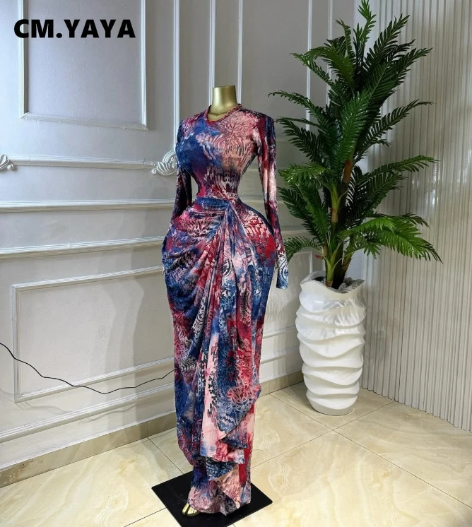 CM.YAYA Women Print O-neck Ruched Ribbon Bodycon Long Dress 2026 Spring Street Evening Birthday Club Party Vestidos Sexy Dresses