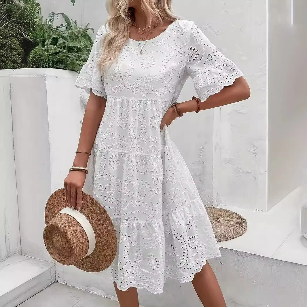 Women's White Eyelet Embroidery Midi Dress Hollow-out Boho Flowy Ruffle Tiered Dress Casual Short Sleeve Summer Beach Dresses