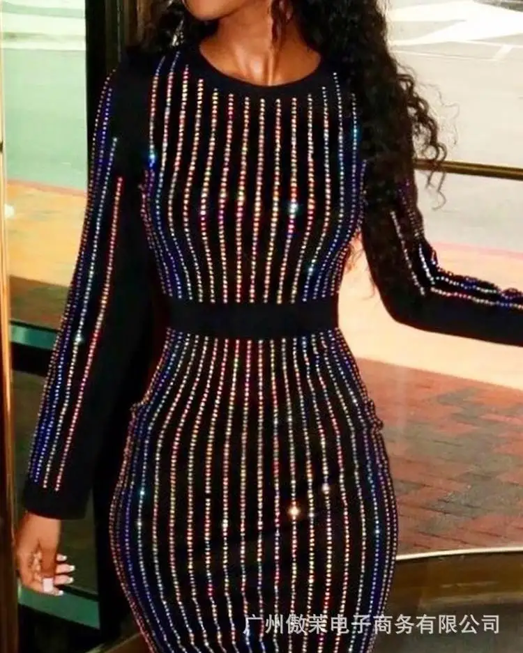 2023 Sequin Round Neck Women Dress Striped Solid Splice Party Tight High Waist Casual Sexy Hip Wrap Long Sheath Dresses