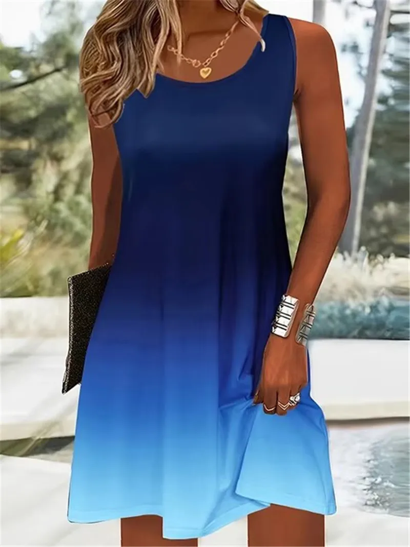 Women Tie-dye Gradient Streetwear Mini Dresses Summer Sleeveless 3D Printing Ladies A-Line Dress 3XL Plus Size Casual Dress