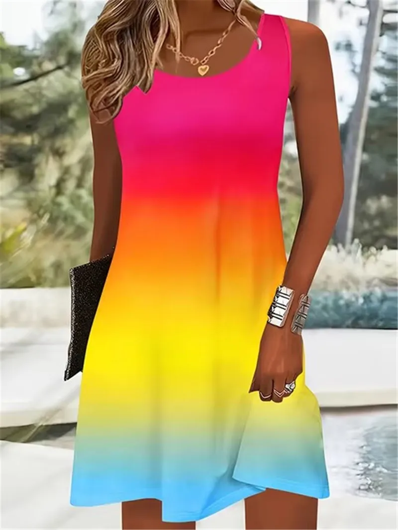 Women Tie-dye Gradient Streetwear Mini Dresses Summer Sleeveless 3D Printing Ladies A-Line Dress 3XL Plus Size Casual Dress