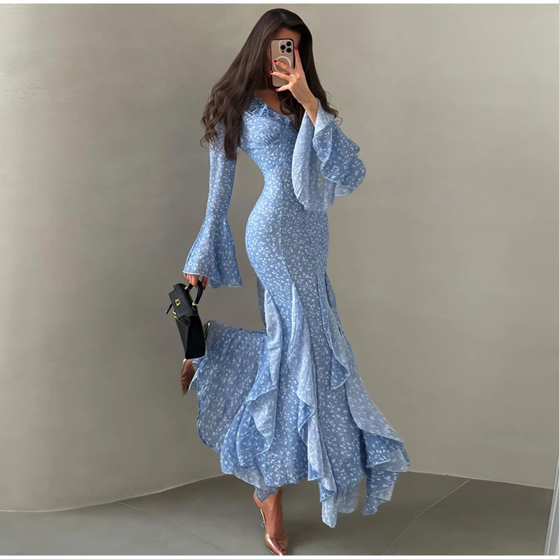Elegant Floral Print Ruffle Hem Dress Women's V-Neck Flare Sleeve Bodycon Ankle-length Dresses 2026 Summer New Lady Evening Wear