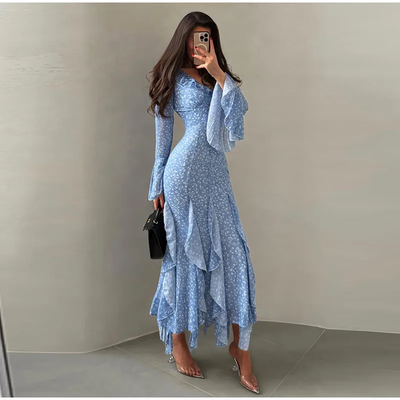 Elegant Floral Print Ruffle Hem Dress Women's V-Neck Flare Sleeve Bodycon Ankle-length Dresses 2026 Summer New Lady Evening Wear