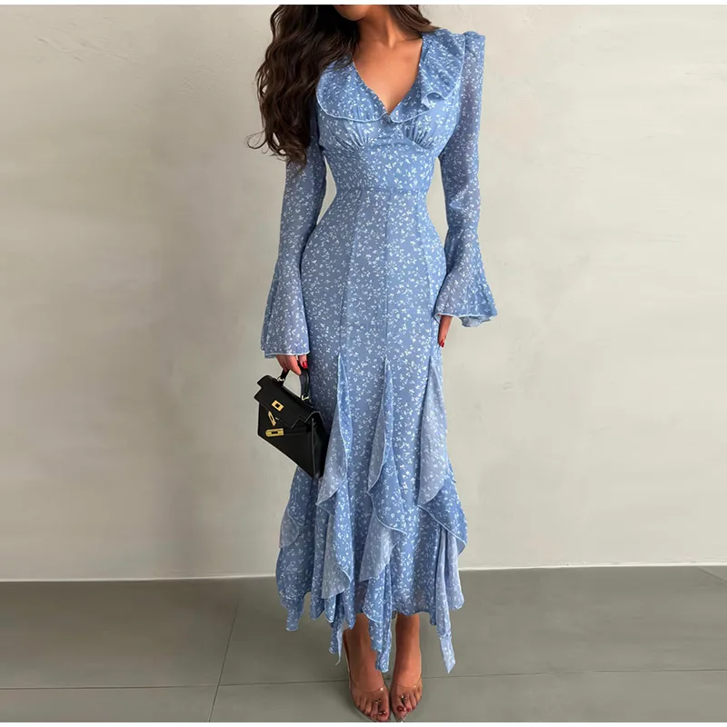 Elegant Floral Print Ruffle Hem Dress Women's V-Neck Flare Sleeve Bodycon Ankle-length Dresses 2026 Summer New Lady Evening Wear