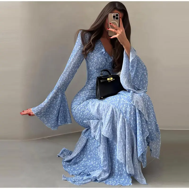 Elegant Floral Print Ruffle Hem Dress Women's V-Neck Flare Sleeve Bodycon Ankle-length Dresses 2026 Summer New Lady Evening Wear