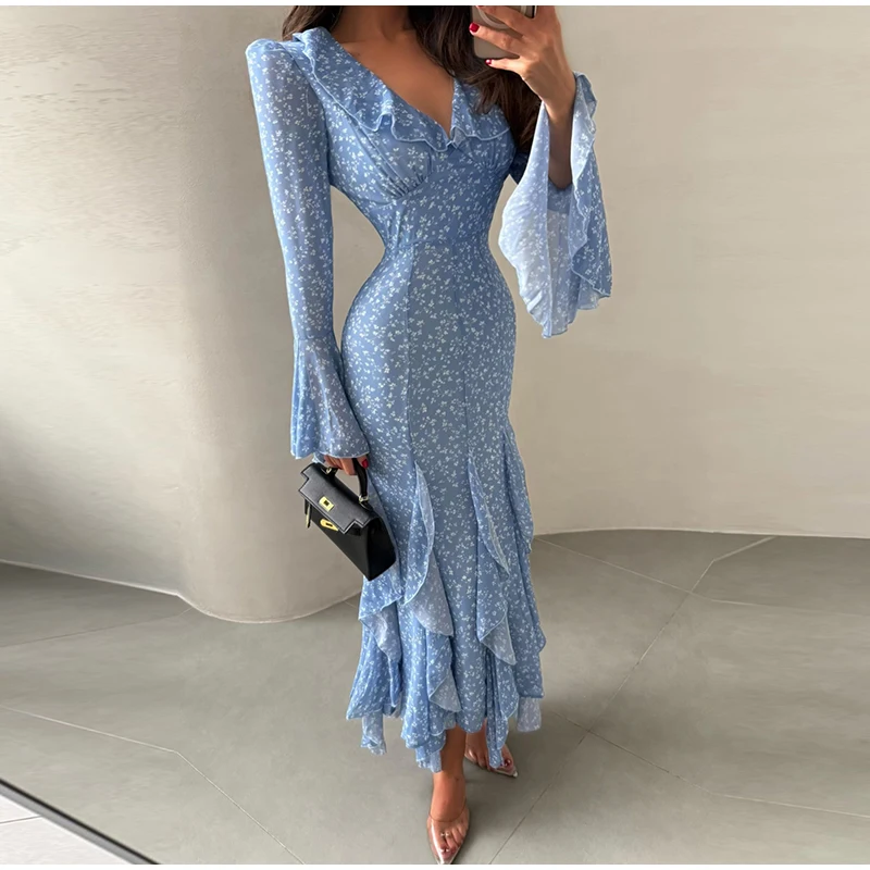 Elegant Floral Print Ruffle Hem Dress Women's V-Neck Flare Sleeve Bodycon Ankle-length Dresses 2026 Summer New Lady Evening Wear