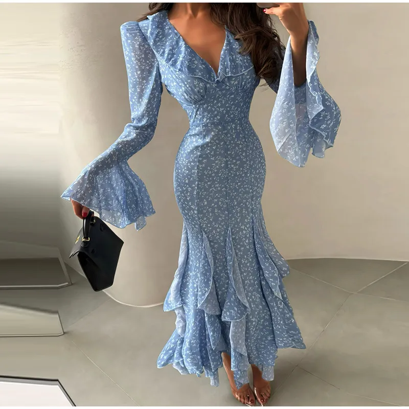 Elegant Floral Print Ruffle Hem Dress Women's V-Neck Flare Sleeve Bodycon Ankle-length Dresses 2026 Summer New Lady Evening Wear