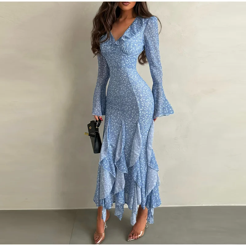 Elegant Floral Print Ruffle Hem Dress Women's V-Neck Flare Sleeve Bodycon Ankle-length Dresses 2026 Summer New Lady Evening Wear
