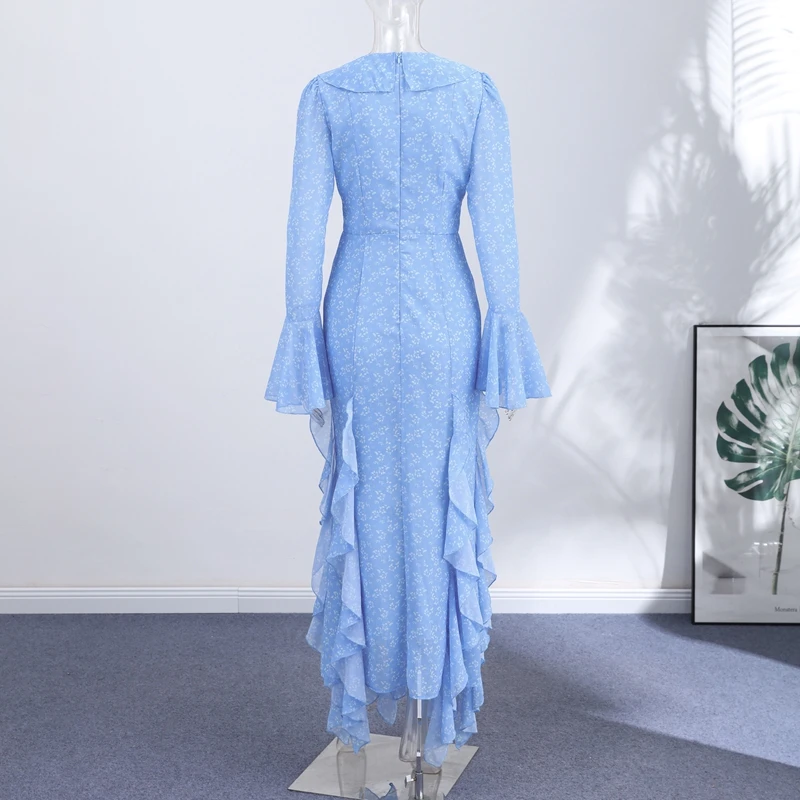 Elegant Floral Print Ruffle Hem Dress Women's V-Neck Flare Sleeve Bodycon Ankle-length Dresses 2026 Summer New Lady Evening Wear