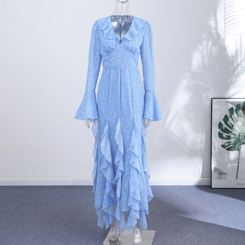 Elegant Floral Print Ruffle Hem Dress Women's V-Neck Flare Sleeve Bodycon Ankle-length Dresses 2026 Summer New Lady Evening Wear