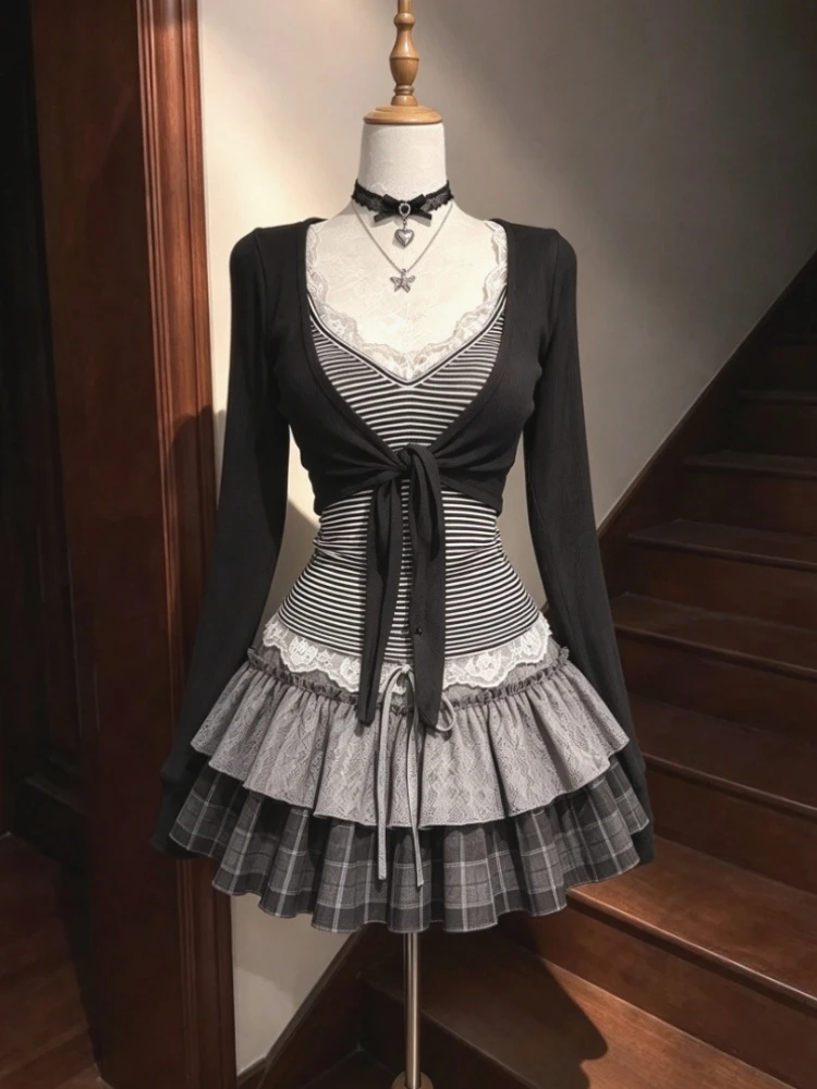Kawaii Lolita Ruffle Dress Women Japanese Sweet Lace Bow Vintage Cake Dress Harajuku Y2k Bodycon Bandage Dress 2026 Summer New