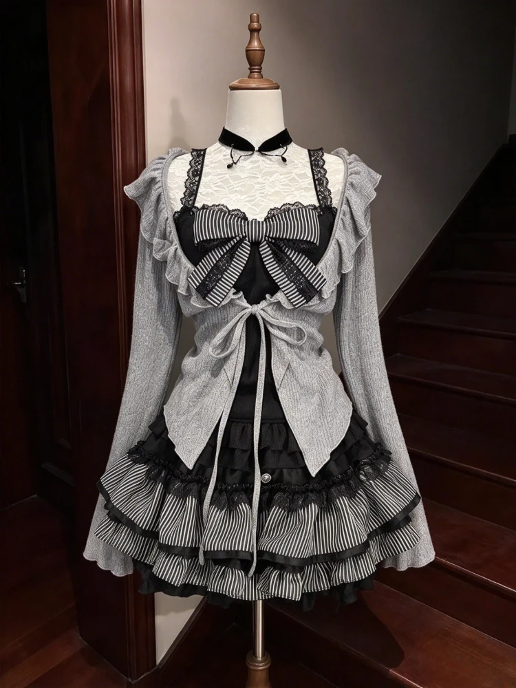Kawaii Lolita Ruffle Dress Women Japanese Sweet Lace Bow Vintage Cake Dress Harajuku Y2k Bodycon Bandage Dress 2026 Summer New