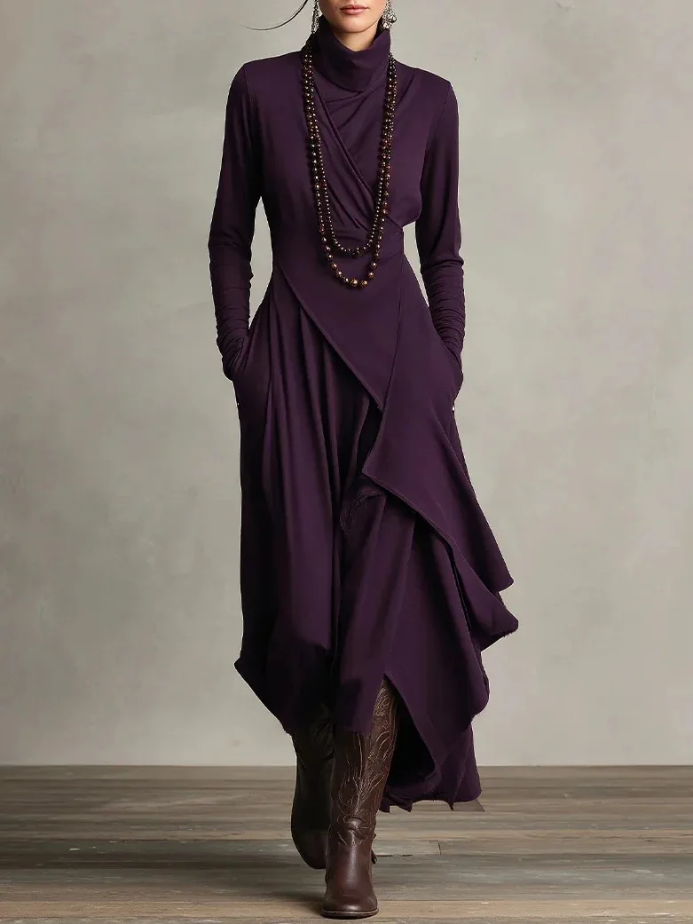 Vintage Irregular Cross Dress for Women Long Sleeve Solid Turtleneck Simple Fashion Casual Spring Holiday Long Dresses