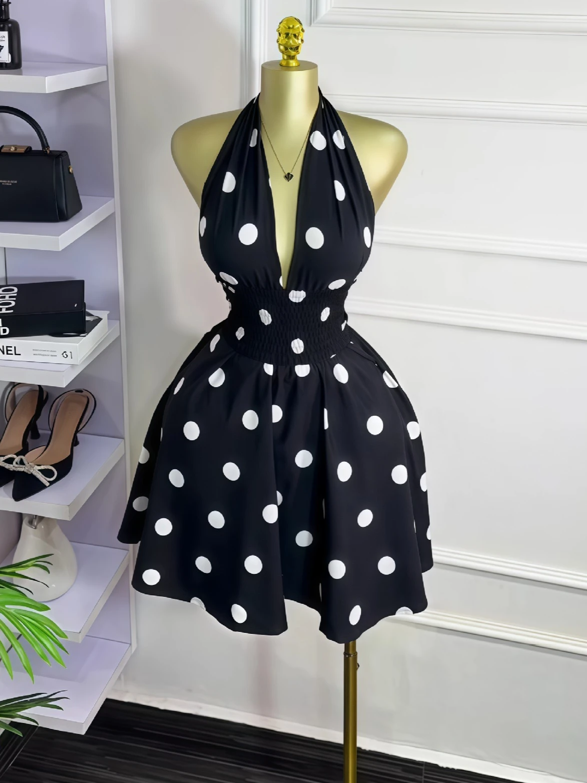CM.YAYA Women Dot Printed Sleeveless Halter V-neck Big Swing A-line Mini Dress 2025 Summer Vacation Sexy Party Evening Dresses