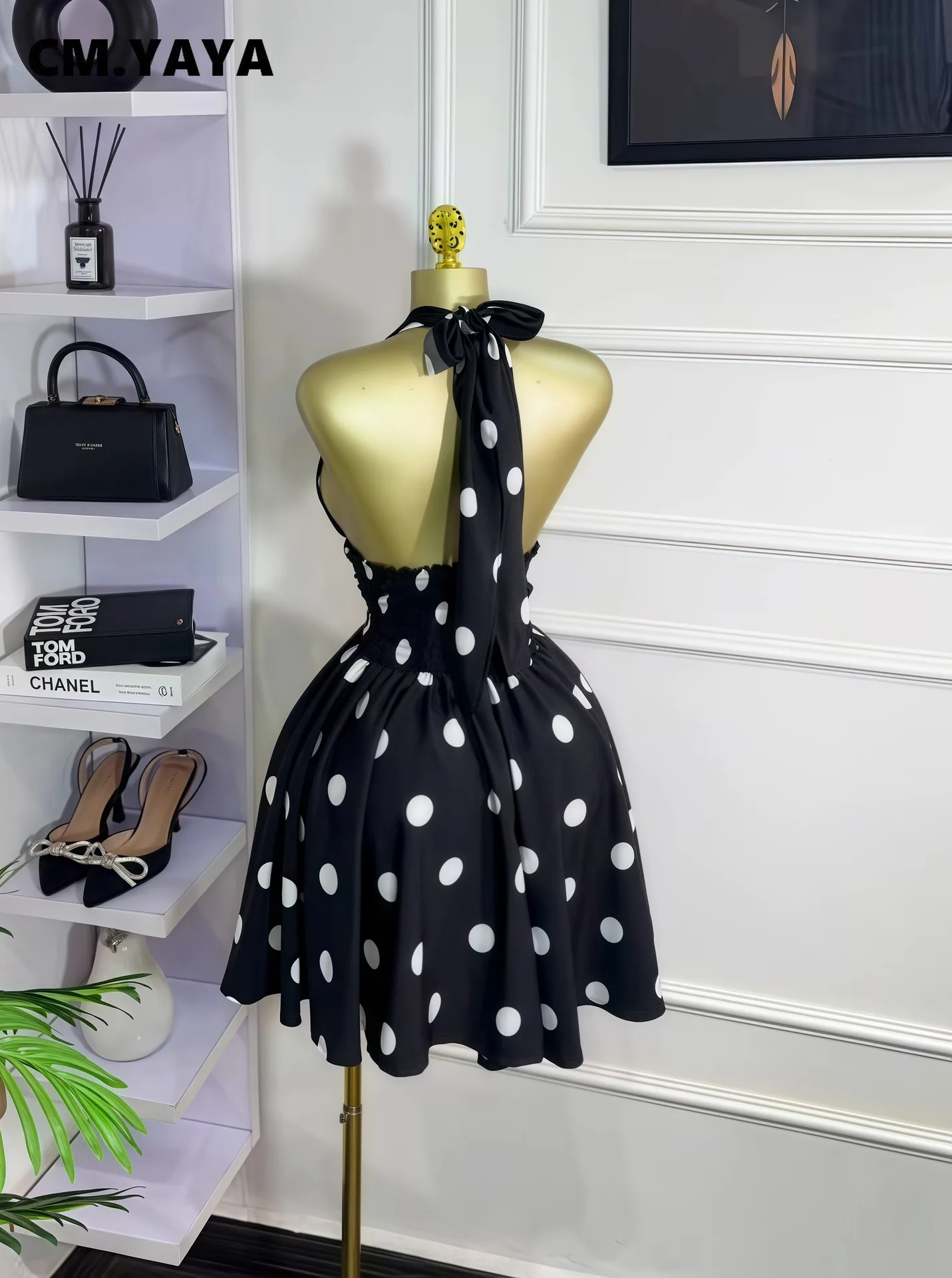 CM.YAYA Women Dot Printed Sleeveless Halter V-neck Big Swing A-line Mini Dress 2025 Summer Vacation Sexy Party Evening Dresses