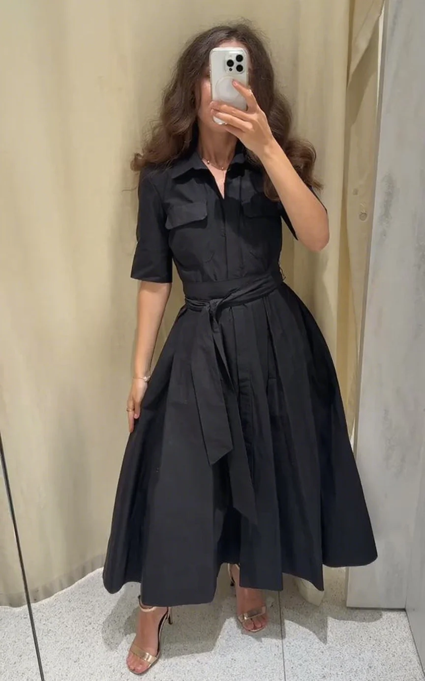 Elegant Short Sleeve Lapel Midi Dress For Women Chic Solid Single Breasted Waist Long Dress Lady Holiday Evening Party Vestidos