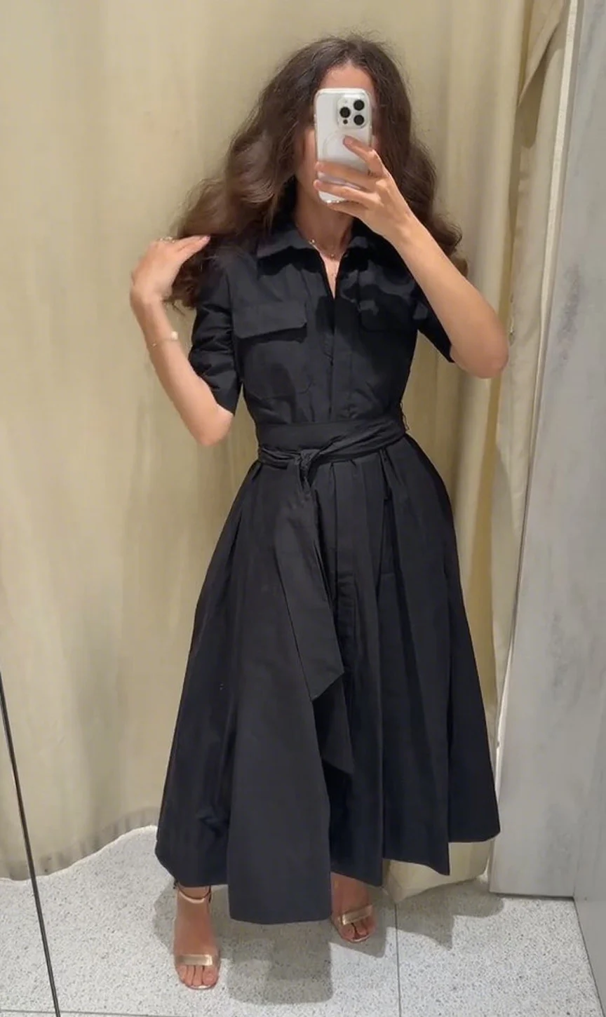 Elegant Short Sleeve Lapel Midi Dress For Women Chic Solid Single Breasted Waist Long Dress Lady Holiday Evening Party Vestidos