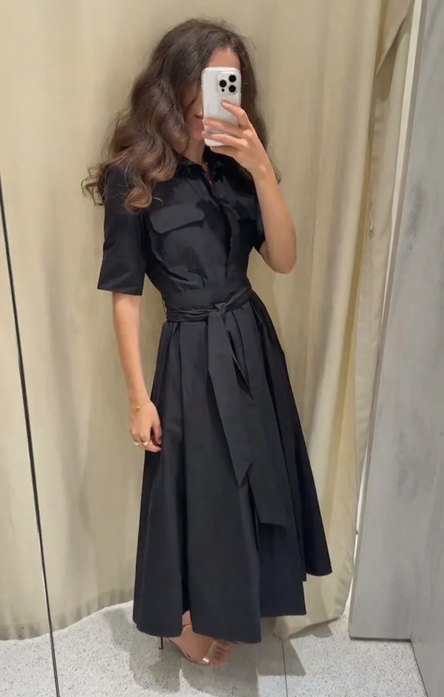 Elegant Short Sleeve Lapel Midi Dress For Women Chic Solid Single Breasted Waist Long Dress Lady Holiday Evening Party Vestidos