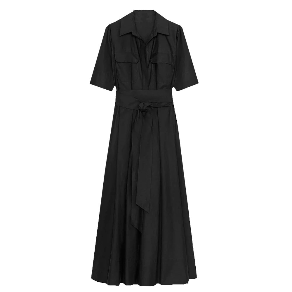 Elegant Short Sleeve Lapel Midi Dress For Women Chic Solid Single Breasted Waist Long Dress Lady Holiday Evening Party Vestidos